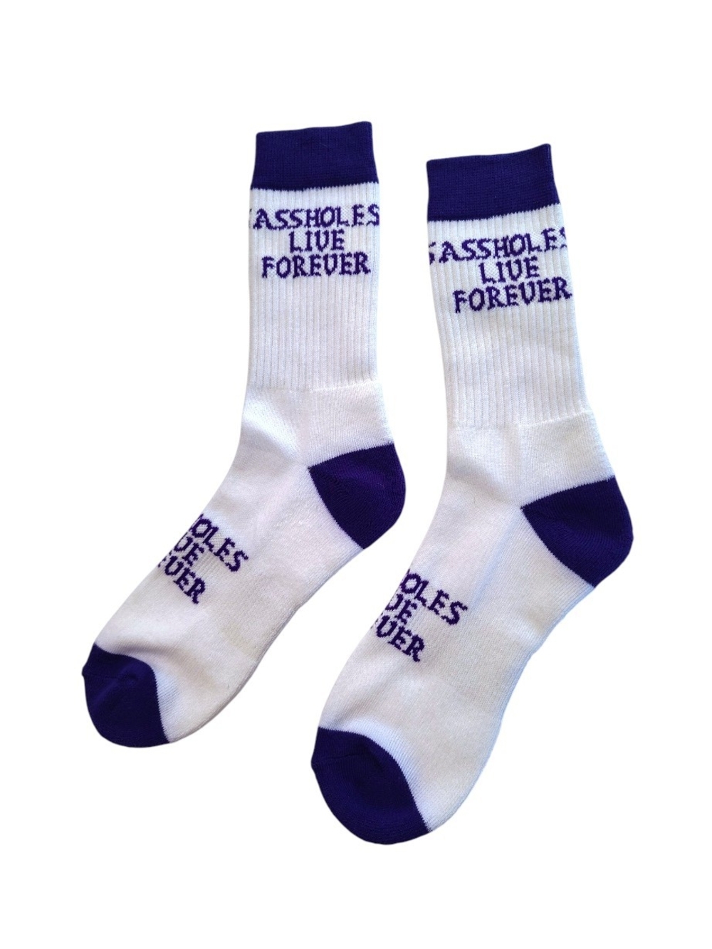 A-holes Live Forever Crew Socks White- Purple- Blue Graphic Socks - Picture 2 of 5